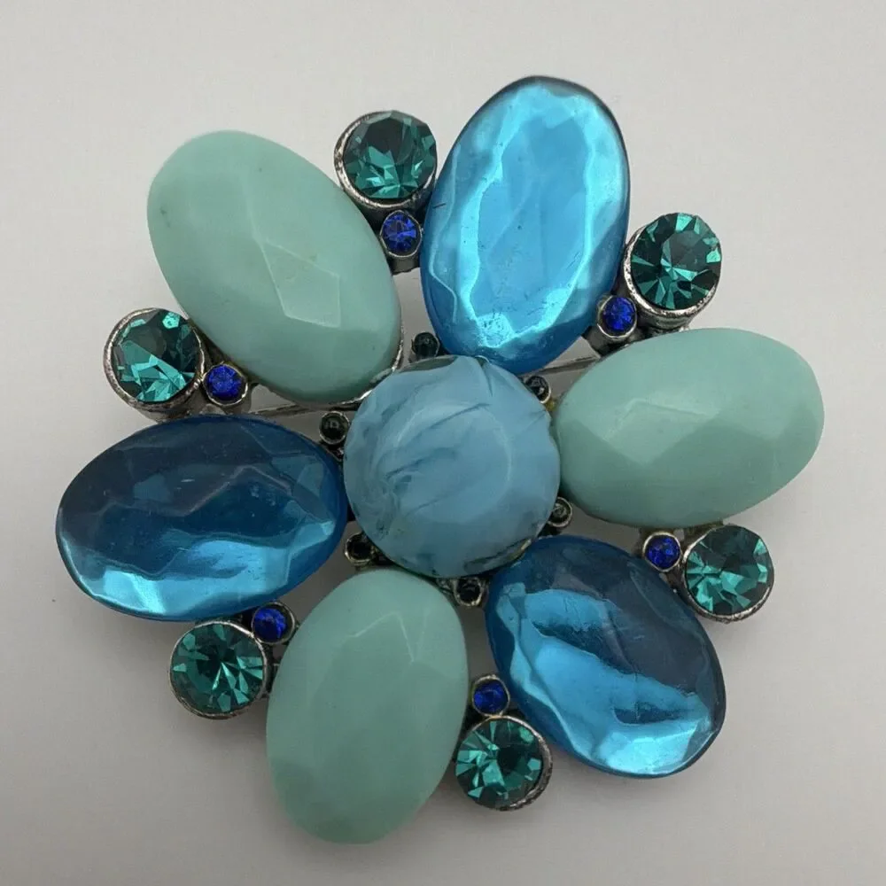 Silver Tone Blue & Green Rhinestone Flower Brooch Pin Prong Set Oval 2 in